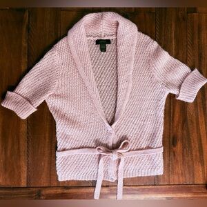 Express Wool and Mohair Blend Short Sleeve Button up Belted Cardigan Large pink